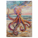 Watercolor Painting of a Vibrant Multicolored Octopus on Sandy Beach with Ocean Waves and Colorful Sunset Sky Background on Ready to Hang 1.5" Thick Canvas Wrap, Floating Framed Canvas, Flat Rolled Canvas