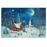 Christmas Folk Art Scene with Red Cabins, Snowy Church, Starry Sky and Children Playing in a Winter Wonderland on Ready to Hang 1.5" Thick Canvas Wrap, Floating Framed Canvas, Flat Rolled Canvas