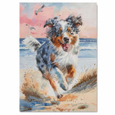 Watercolor Painting of a Playful Dog Running on the Beach with Ocean Waves and Pink Sunset in a Fun Coastal Scene on Ready to Hang 1.5" Thick Canvas Wrap, Floating Framed Canvas, Flat Rolled Canvas