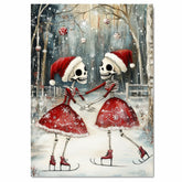Whimsical Skeleton Ice Skating Christmas Print – Gothic Holiday Art with Dancing Skeletons in Santa Hats, Spooky Winter Scene, Quirky Festive Wall Decor on Ready to Hang 1.5" Thick Canvas Wrap, Floating Framed Canvas, Flat Rolled Canvas