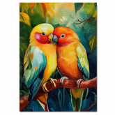 Vivid Lovebird Pair Artwork Featuring Colorful Tropical Parrots Cuddling on a Branch with Bright Feathers and Lush Jungle Background on Ready to Hang 1.5" Thick Canvas Wrap, Floating Framed Canvas, Flat Rolled Canvas