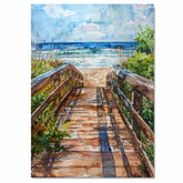 Coastal Boardwalk to Beach Watercolor Painting – Ocean Pathway Scene with Dunes, Waves, and Sky on Ready to Hang 1.5" Thick Canvas Wrap, Floating Framed Canvas, Flat Rolled Canvas