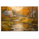 Fall Serenity – Village Homes and River Under Autumn Leaves on Ready to Hang 1.5" Thick Canvas Wrap, Floating Framed Canvas, Flat Rolled Canvas