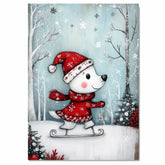 Whimsical Christmas Dog Ice Skating in Red Hat and Sweater Canvas or Art Print for Winter Holiday Wall Decor on Ready to Hang 1.5" Thick Canvas Wrap, Floating Framed Canvas, Flat Rolled Canvas