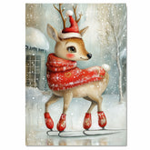 Whimsical Christmas Deer Ice Skating Red Scarf and Santa Hat Winter Animal Illustration for Holiday Wall Decor Nursery or Woodland Themed Room on Ready to Hang 1.5" Thick Canvas Wrap, Floating Framed Canvas, Flat Rolled Canvas