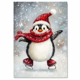 Whimsical Christmas Penguin Ice Skating with Red Scarf and Santa Hat – Cheerful Winter Animal Art for Holiday Nursery Decor, Gifts, or Seasonal Wall Display on Ready to Hang 1.5" Thick Canvas Wrap, Floating Framed Canvas, Flat Rolled Canvas