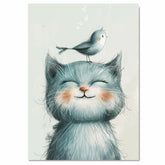 Charming Illustration of Smiling Blue Kitten with Tiny Bird on Head – Whimsical Animal Art Print Perfect for Nursery Decor or Gifts for Cat and Bird Lovers on Ready to Hang 1.5" Thick Canvas Wrap, Floating Framed Canvas, Flat Rolled Canvas