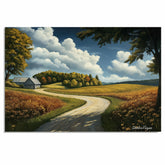 Winding Country Road Through Golden Fields and Barn – Peaceful Landscape Folk Art Painting on Ready to Hang 1.5" Thick Canvas Wrap, Floating Framed Canvas, Flat Rolled Canvas