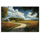 Winding Country Road Through Golden Fields and Barn – Peaceful Landscape Folk Art Painting on Ready to Hang 1.5" Thick Canvas Wrap, Floating Framed Canvas, Flat Rolled Canvas