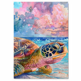 Colorful Sea Turtle on Shoreline at Sunset in Watercolor with Vibrant Ocean Waves and Tropical Sky Illustration on Ready to Hang 1.5" Thick Canvas Wrap, Floating Framed Canvas, Flat Rolled Canvas