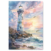 Rustic Lighthouse on Rocky Shore at Sunset with Crashing Waves and Seagulls in Serene Watercolor Coastal Landscape on Ready to Hang 1.5" Thick Canvas Wrap, Floating Framed Canvas, Flat Rolled Canvas