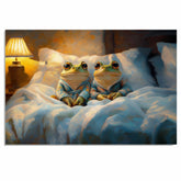 Charming Painting of Two Frogs in Pajamas Sitting in Bed Under a Warm Lamp Glow with Peaceful Expressions and a Cozy Nighttime Atmosphere on Ready to Hang 1.5" Thick Canvas Wrap, Floating Framed Canvas, Flat Rolled Canvas