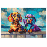 Colorful Dachshund Art Print Featuring Two Quirky Dogs in Glasses Sitting on Fence Bold Hand Painted Pop Style Pet Portrait for Unique Wall Decor or Gift on Ready to Hang 1.5" Thick Canvas Wrap, Floating Framed Canvas, Flat Rolled Canvas