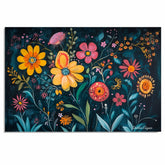 Bold Folk Art Floral Canvas – Whimsical Colorful Flower Painting on Deep Teal Textured Background on Ready to Hang 1.5" Thick Canvas Wrap, Floating Framed Canvas, Flat Rolled Canvas