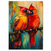 Romantic Cardinal Pair Artwork Featuring Bright Red and Golden Plumage Perched on a Branch Against a Lush Teal and Yellow Abstract Forest Background on Ready to Hang 1.5" Thick Canvas Wrap, Floating Framed Canvas, Flat Rolled Canvas