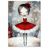 Whimsical Christmas Ballerina in Red Dress Snowy Ballet Dancer Wall Art, Winter Holiday Girl Illustration, Festive Nursery or Ballet Lover Decor Print on Ready to Hang 1.5" Thick Canvas Wrap, Floating Framed Canvas, Flat Rolled Canvas