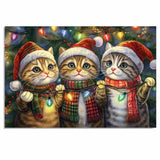 Painting of Three Cute Christmas Cats Wearing Santa Hats and Scarves Holding Colorful Holiday Lights with a Festive Pine Tree Background and Cheerful Expressions on Ready to Hang 1.5" Thick Canvas Wrap, Floating Framed Canvas, Flat Rolled Canvas