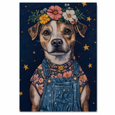 Dog Wearing Overalls and Floral Crown Art Whimsical Animal Painting for Nursery Farmhouse Decor Dog Lover Gift Cute Rustic Wall Print for Bedroom or Living Room on Ready to Hang 1.5" Thick Canvas Wrap, Floating Framed Canvas, Flat Rolled Canvas