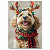 Rustic Joy - Bernedoodle Dog with Lighted Antlers & Cozy Scarf on Rustic Canvas, Ready to Hang 1.5" Thick Canvas Wrap, Floating Framed Canvas, Flat Rolled Canvas