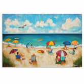 Colorful Beach Day Folk Art – Coastal Wall Print with Umbrellas & Ocean View on Ready to Hang 1.5" Thick Canvas Wrap, Floating Framed Canvas, Flat Rolled Canvas