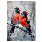 Colorful Bullfinches on Winter Branch Painting Print Featuring Red and Black Songbirds Perched in a Snowy Forest Scene with Artistic Background on Ready to Hang 1.5" Thick Canvas Wrap, Floating Framed Canvas, Flat Rolled Canvas