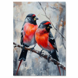 Colorful Bullfinches on Winter Branch Painting Print Featuring Red and Black Songbirds Perched in a Snowy Forest Scene with Artistic Background on Ready to Hang 1.5" Thick Canvas Wrap, Floating Framed Canvas, Flat Rolled Canvas
