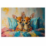 Painting of Two Cute Deer in Colorful Pajamas Sitting on a Vibrant Bed with Bright Pillows Surrounded by Playful Brush Strokes and Warm Whimsical Details on Ready to Hang 1.5" Thick Canvas Wrap, Floating Framed Canvas, Flat Rolled Canvas