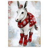 Whimsical Christmas Donkey Ice Skating in Red Snowflake Scarf Canvas or Holiday Wall Art Print on Ready to Hang 1.5" Thick Canvas Wrap, Floating Framed Canvas, Flat Rolled Canvas