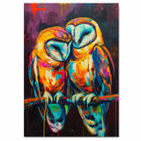 Expressive Barn Owl Pair Artwork Featuring Vibrant Brushstroke Colors in Orange Blue and Pink Perched on a Branch with Bold Abstract Purple Background on Ready to Hang 1.5" Thick Canvas Wrap, Floating Framed Canvas, Flat Rolled Canvas