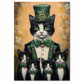 Irish Charm: Tuxedo Cat Mom and Four Kittens in St. Patrick's Day Attire on Ready to Hang 1.5" Thick Canvas Wrap, Floating Framed Canvas, Flat Rolled Canvas