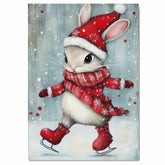 Christmas Wall Art Featuring Adorable Bunny Ice Skating in Santa Hat and Red Scarf Whimsical Holiday Illustration Perfect for Winter Decor and Animal Lovers on Ready to Hang 1.5" Thick Canvas Wrap, Floating Framed Canvas, Flat Rolled Canvas