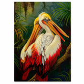 Pair of White and Red Pelicans with Golden Beaks Resting on a Jungle Branch Surrounded by Lush Tropical Foliage in a Vibrant Rainforest Setting on Ready to Hang 1.5" Thick Canvas Wrap, Floating Framed Canvas, Flat Rolled Canvas