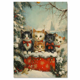 Vintage Christmas Kittens Art Print Cute Cats with Red Bows Snowy Winter Scene Festive Holiday Animal Decor for Living Room Nursery and Pet Lovers on Ready to Hang 1.5" Thick Canvas Wrap, Floating Framed Canvas, Flat Rolled Canvas