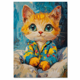 Cute Cougar Kitten with Big Eyes in Colorful Pajamas Sitting on Blanket Expressive Brushstroke Art Print for Nursery Bedroom or Whimsical Animal Wall Decor on Ready to Hang 1.5" Thick Canvas Wrap, Floating Framed Canvas, Flat Rolled Canvas