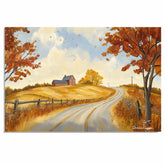 Golden Autumn Country Road with Red Farmhouse and Trees – Serene Folk Art Landscape Print on Ready to Hang 1.5" Thick Canvas Wrap, Floating Framed Canvas, Flat Rolled Canvas
