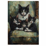 Elegant Victorian Lounge: Tuxedo Cat Mom with Three Kittens on a European Couch on Ready to Hang 1.5" Thick Canvas Wrap, Floating Framed Canvas, Flat Rolled Canvas