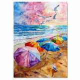 Watercolor Painting of Multicolored Beach Umbrellas with Seagulls at Sunset on Ready to Hang 1.5" Thick Canvas Wrap, Floating Framed Canvas, Flat Rolled Canvas