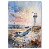Majestic Lighthouse Overlooking Ocean Waves at Sunset with Soaring Seagulls in Tranquil Coastal Watercolor Scene on Ready to Hang 1.5" Thick Canvas Wrap, Floating Framed Canvas, Flat Rolled Canvas