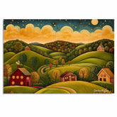 Charming Folk Art Landscape with Rolling Hills, Cozy Houses, and a Glowing Sunset Sky Full of Stars on Ready to Hang 1.5" Thick Canvas Wrap, Floating Framed Canvas, Flat Rolled Canvas