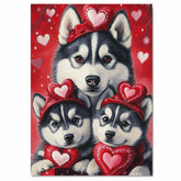 Valentine's Day Joy: A Siberian Husky Mom and Her Adorable Puppies Surrounded by Hearts and Blooms on Ready to Hang 1.5" Thick Canvas Wrap, Floating Framed Canvas, Flat Rolled Canvas