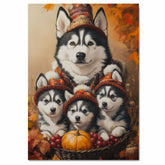 Autumn Charm: Siberian Husky Mom and Three Puppies in a Basket with Pumpkin and Grapes on Ready to Hang 1.5" Thick Canvas Wrap, Floating Framed Canvas, Flat Rolled Canvas