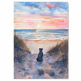 Watercolor Painting of Dog Sitting on Sandy Path Watching Ocean Sunset with Grasses and Colorful Sky Reflections on Ready to Hang 1.5" Thick Canvas Wrap, Floating Framed Canvas, Flat Rolled Canvas