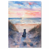Watercolor Painting of Dog Sitting on Sandy Path Watching Ocean Sunset with Grasses and Colorful Sky Reflections on Ready to Hang 1.5" Thick Canvas Wrap, Floating Framed Canvas, Flat Rolled Canvas