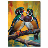 Mandarin Duck Pair in Vibrant Plumage Sitting on Branch Against Bold Yellow Artistic Backdrop Ideal for Wildlife Enthusiasts and Nature-Inspired Spaces on Ready to Hang 1.5" Thick Canvas Wrap, Floating Framed Canvas, Flat Rolled Canvas