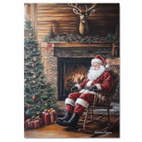 Santa Claus by the Fireplace – Rustic Christmas Cabin Wall Art Print on Ready to Hang 1.5" Thick Canvas Wrap, Floating Framed Canvas, Flat Rolled Canvas