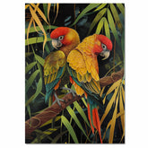 Jungle Parrot Pair Artwork Featuring Red and Yellow Feathers with Green Wings Perched on a Branch in a Lush Tropical Setting with Stylized Foliage on Ready to Hang 1.5" Thick Canvas Wrap, Floating Framed Canvas, Flat Rolled Canvas