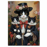 Elegant Blossoms: Tuxedo Cat Mom Carrying Two Kittens in a Victorian Gown on Ready to Hang 1.5" Thick Canvas Wrap, Floating Framed Canvas, Flat Rolled Canvas