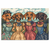 Victorian Dachshund Art Print Featuring Four Sausage Dogs in Elegant Vintage Dresses A Whimsical Hand Drawn Dog Illustration for Unique Home or Gift Decor on Ready to Hang 1.5" Thick Canvas Wrap, Floating Framed Canvas, Flat Rolled Canvas