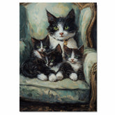 Regal Comfort: Tuxedo Cat Mom with Three Kittens on an Elegant European Sofa on Ready to Hang 1.5" Thick Canvas Wrap, Floating Framed Canvas, Flat Rolled Canvas