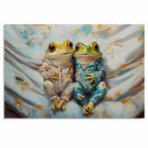 Delightful Painting of Two Frogs in Playful Pajamas Sitting Close Together on a Cozy Bed with Gentle Expressions and a Soft Abstract Background on Ready to Hang 1.5" Thick Canvas Wrap, Floating Framed Canvas, Flat Rolled Canvas